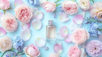 AI generated Perfume bottle in flowers, fragrance on blooming background, floral scent and cosmetic product photo