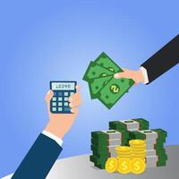 Businessman hands with calculator and money. Financial or accounting consultant concept vector