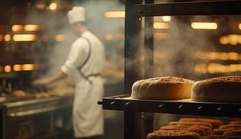 AI generated Bakery with hot fresh bread and pastry baking in the old town bakery, freshly baked products on shelves and the oven, small local business and food production photo