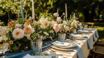 ai generado jardín fiesta paisaje de mesa, elegancia con floral mesa decoración foto