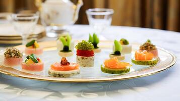AI generated Food, hospitality and room service, starter appetisers as exquisite cuisine in hotel restaurant a la carte menu, culinary art and fine dining photo