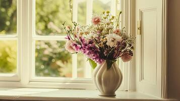 AI generated Spring flowers in vintage vase, beautiful floral arrangement, home decor, wedding and florist design photo