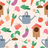 Spring pattern with flowers, vegetables and soda tools. Hand drawn vector illustration.