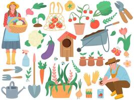 Cute spring set of vegetables, flowers, tools for working in the garden. Tending the garden. vector