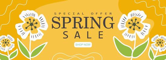 Spring sale banner design decorated with flowers. Vector illustration drawn by hand.