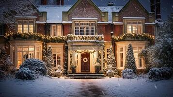 ai generado Navidad en el campo señorío, Inglés país casa mansión decorado para Días festivos en un Nevado invierno noche con nieve y fiesta luces, alegre Navidad y contento Días festivos foto