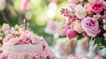 AI generated Birthday tablescape or candy bar with sweets, Birthday cake and cupcakes, beautiful party celebration photo