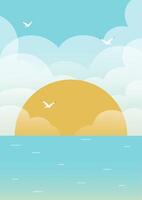 Sea in the morning and flying birds illustration poster. Childish art with flying seagulls among clouds. vector