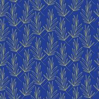 Thyme leaves stylized seamless pattern on blue background. Golden leaf scented branches simple vector art.