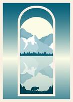 View of frozen mountains lake landscape view. Forest with wildlife animals, bear silhouette vector