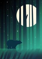 Silhouette of bear standing in night forest. Magical misty landscape, grizzly hunting. vector