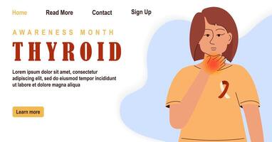 Woman with thyroid gland disease banner. Throat cancer concept landing page. Endocrinology disease vector