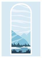 View of Frozen mountains lake landscape. Forest with wildlife animals, bear silhouette illustration poster. vector