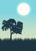 Vector illustration of beautiful summer field landscape. Single tree in the meadow, bright color blue sky