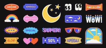 Y2K sticker set, old fashioned labels and badges in retro graphic style, design elements and decorations. Vector illustration.