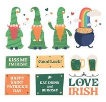 Saint Patrick's Day decorations and stickers in a flat style with text greeting, green beer, leprechauns, rainbow and cauldron with gold. Vector illustration.