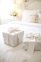 ai generado Boda regalos y flores en un elegante blanco dormitorio, generativo ai foto