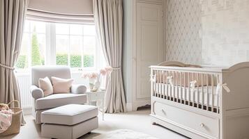 ai generado bebé habitación decoración y interior diseño inspiración en el Inglés campo estilo cabaña foto