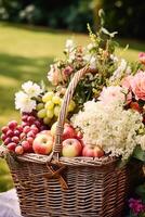 AI generated Summer garden harvest, farmers market and country buffet table, cakes and desserts in wicker basket in the garden, food catering for wedding and holiday celebration, floral decor photo