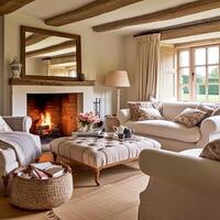 AI generated Cottage interior with modern design and antique furniture, home decor, sitting room and living room, sofa and fireplace in English country house and countryside style photo