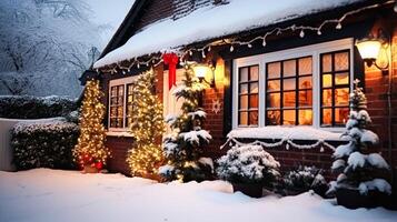 ai generado Navidad en el campo, cabaña y jardín decorado para Días festivos en un Nevado invierno noche con nieve y fiesta luces, Inglés país peinado foto