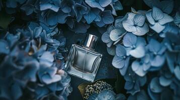 AI generated Perfume bottle in flowers, fragrance on blooming background, floral scent and cosmetic product photo