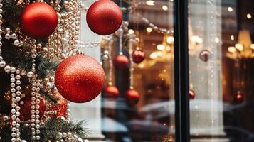 ai generado Navidad decoración detalles en Inglés estilizado lujo alto calle ciudad Tienda puerta o compras ventana mostrar, fiesta rebaja y tienda decoración foto