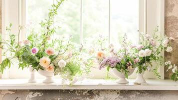 AI generated Spring flowers in vintage vase, beautiful floral arrangement, home decor, wedding and florist design photo