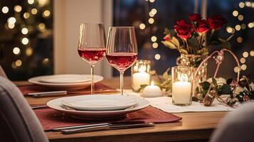 AI generated Festive date night tablescape idea, dinner table setting for two and Christmas, New Year, Valentines day decor, English country home styling photo