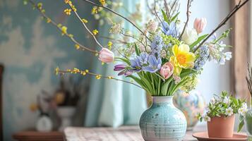 AI generated Spring flowers in vintage vase, beautiful floral arrangement, home decor, wedding and florist design photo