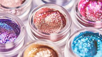 AI generated Beauty product and cosmetics texture, makeup shimmer glitter, blush eyeshadow powder as abstract luxury cosmetic background photo