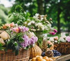 AI generated Summer garden harvest, farmers market and country buffet table, cakes and desserts in wicker basket in the garden, food catering for wedding and holiday celebration, floral decor photo