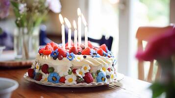 ai generado hecho en casa cumpleaños pastel en el Inglés campo casa, cabaña cocina comida y fiesta horneando receta foto