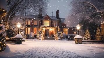 AI generated Christmas in the countryside manor, English country house mansion decorated for holidays on a snowy winter evening with snow and holiday lights, Merry Christmas and Happy Holidays photo