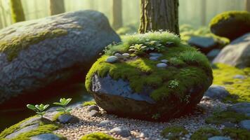 ai genererad moss-täckt sten badade i mjuk solljus, highlighting de miniatyr- skog ekosystem blomstrande på de yta av de sten, elasticitet och anpassningsförmåga av växt liv i olika miljöer. video