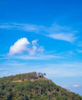 The stunning view in Forest Park from a tourist's standpoint as they go down a hill with background of blue sky, Rainforest, Thailand. Bird's eye view. Aerial view. photo