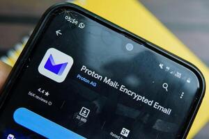 Proton Mail application on Smartphone screen. Encrypted Email is a freeware web browser developed by Proton AG. Bekasi, Indonesia, February 28, 2024 photo