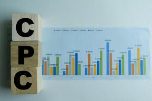 Concept of The wooden Cubes with the word CPC on wooden background. photo