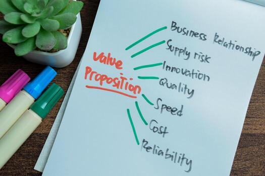 Concept of Value Proposition write on book isolated on Wooden Table. photo