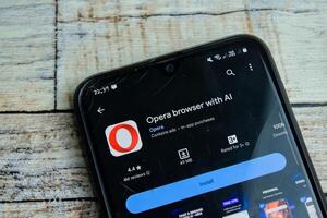 Opera Browser With Ai application on Smartphone screen. Opera is a freeware web browser developed by Opera. Bekasi, Indonesia, February 15, 2024 photo