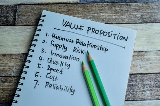 Concept of Value Proposition write on book with keywords isolated on Wooden Table. photo