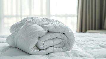 AI generated Neatly Rolled White Duvet on a Clean Bed in a Bright, Contemporary Bedroom During the Daytime photo