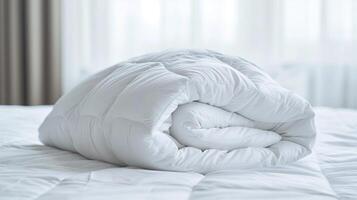 AI generated Neatly Rolled White Duvet on a Clean Bed in a Bright, Contemporary Bedroom During the Daytime photo