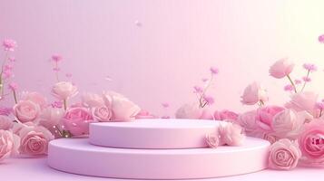 AI generated Pink Round Platform With Flowers photo