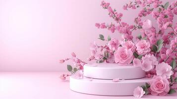 AI generated Elegant Pink Floral Display With Two-Tiered White Cake on a Pastel Background photo