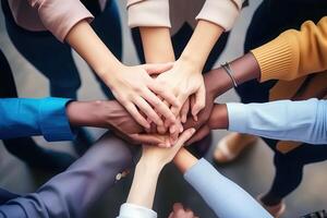 AI generated Diverse Group of Individuals Uniting Hands in Solidarity and Teamwork photo