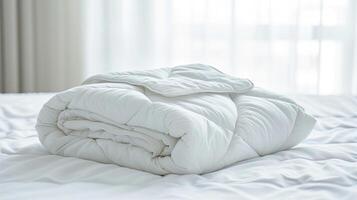 AI generated Neatly Rolled White Duvet on a Clean Bed in a Bright, Contemporary Bedroom During the Daytime photo