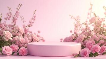 AI generated A product display podium stage featuring a pink background adorned with pink flowers photo