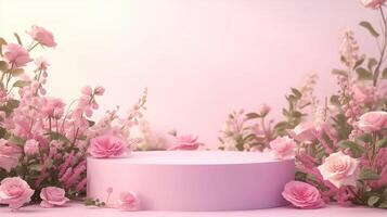 AI generated A product display podium stage featuring a pink background adorned with pink flowers photo