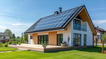 AI generated Modern Sustainable Home With Solar Panels on Rooftop and Lush Garden in Daylight photo